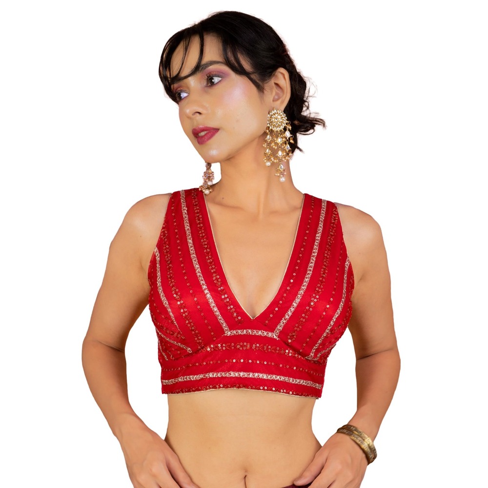 NWOT Red Gold Sequin Embroidered Choli Saree Blouse Crop Top Keyhole Back